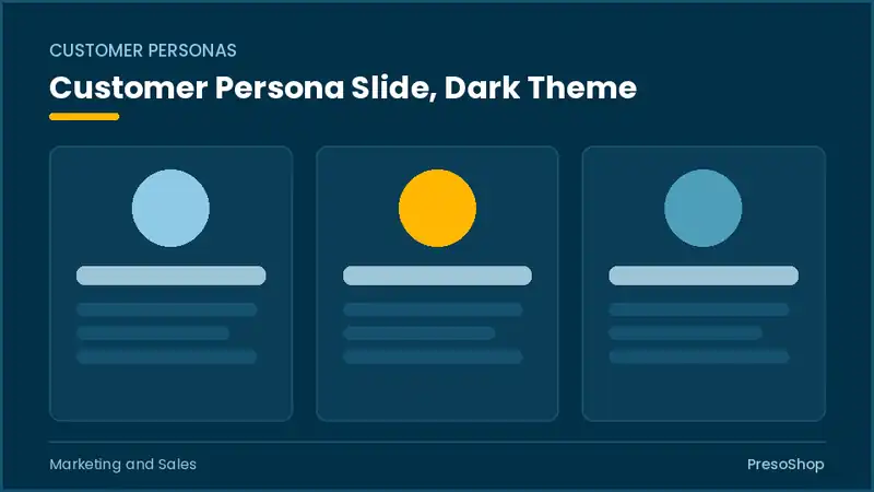 Editable PowerPoint customer persona slide template in a dark theme, built from recolourable native shapes for marketing and sales decks