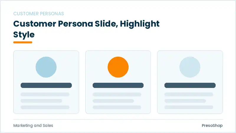 Editable PowerPoint customer persona slide template with an accented takeaway, built from recolourable native shapes for marketing and sales decks