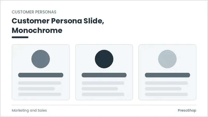 Editable PowerPoint customer persona slide template in a monochrome treatment, built from recolourable native shapes for marketing and sales decks
