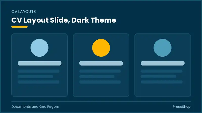 Editable PowerPoint cv layout slide template in a dark theme, built from recolourable native shapes for documents and one pagers decks