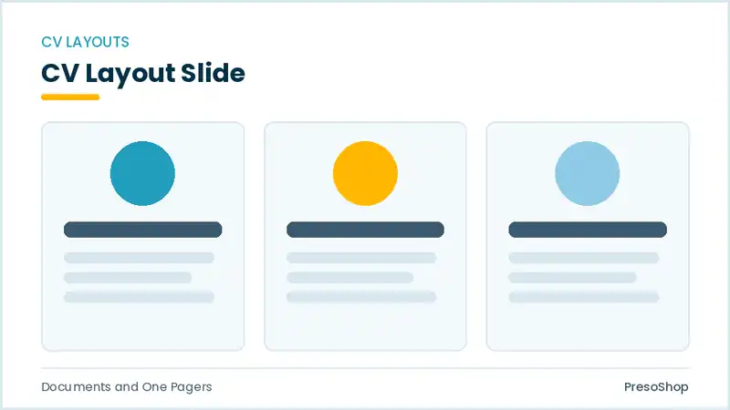 Editable PowerPoint cv layout slide template, built from recolourable native shapes for documents and one pagers decks