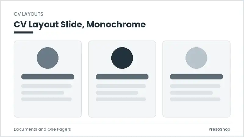 Editable PowerPoint cv layout slide template in a monochrome treatment, built from recolourable native shapes for documents and one pagers decks