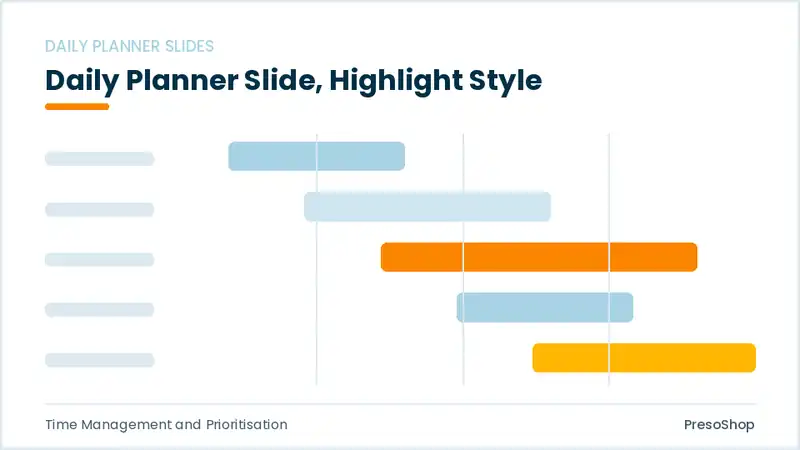 Editable PowerPoint daily planner slide template with an accented takeaway, built from recolourable native shapes for time management and prioritisation decks