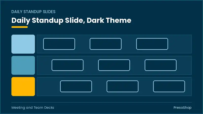 Editable PowerPoint daily standup slide template in a dark theme, built from recolourable native shapes for meeting and team decks decks