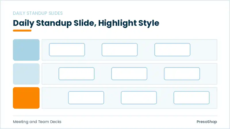 Editable PowerPoint daily standup slide template with an accented takeaway, built from recolourable native shapes for meeting and team decks decks