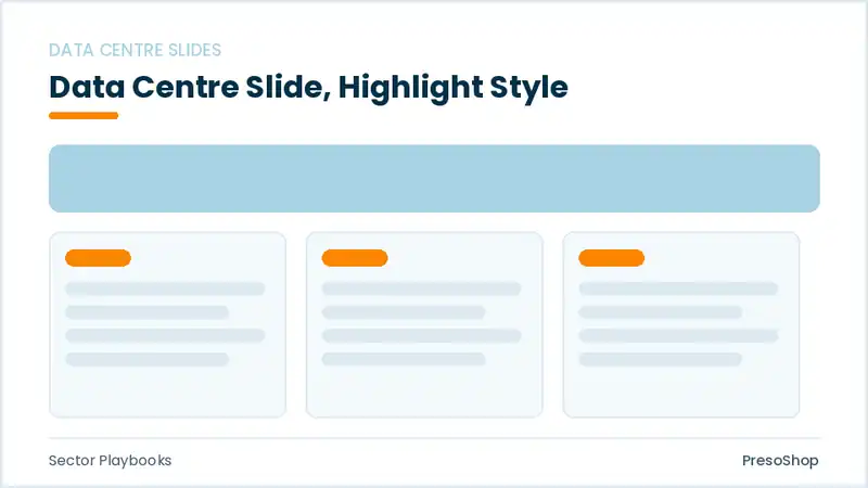 Editable PowerPoint data centre slide template with an accented takeaway, built from recolourable native shapes for sector playbooks decks