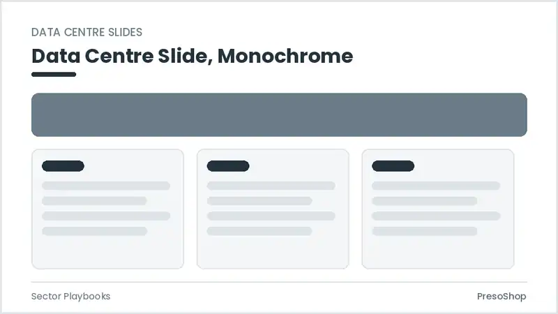 Editable PowerPoint data centre slide template in a monochrome treatment, built from recolourable native shapes for sector playbooks decks