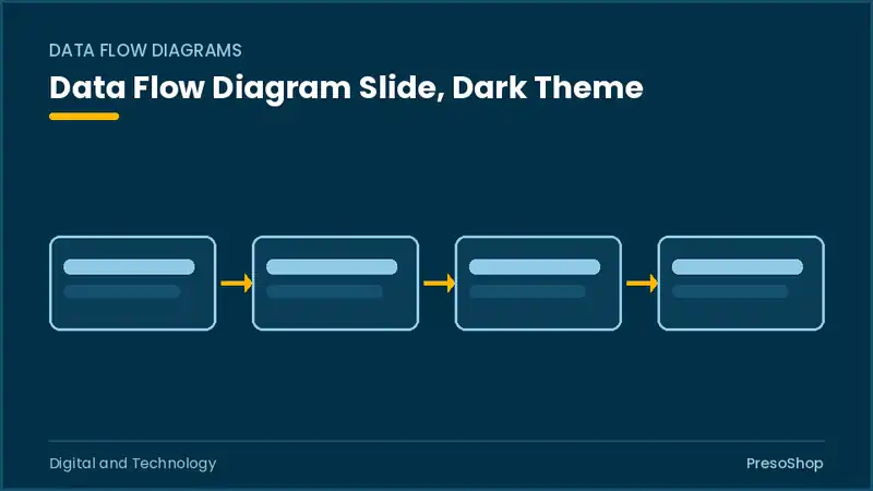 Editable PowerPoint data flow diagram slide template in a dark theme, built from recolourable native shapes for digital and technology decks