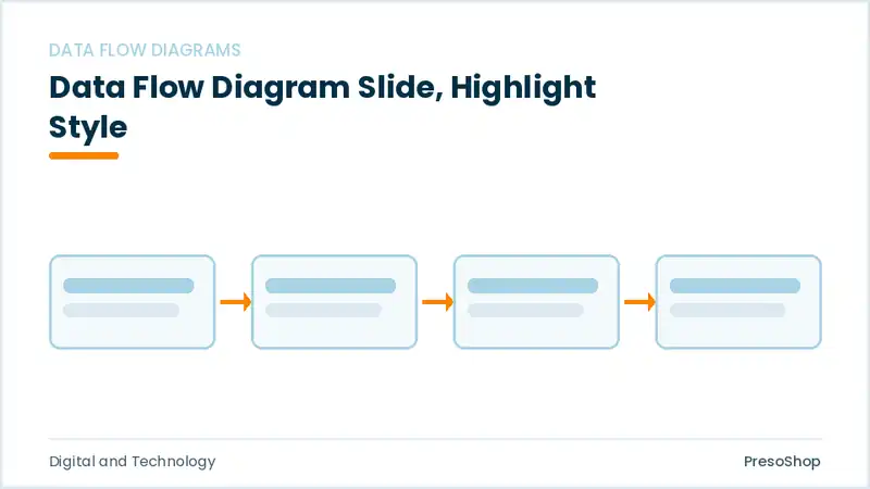 Editable PowerPoint data flow diagram slide template with an accented takeaway, built from recolourable native shapes for digital and technology decks