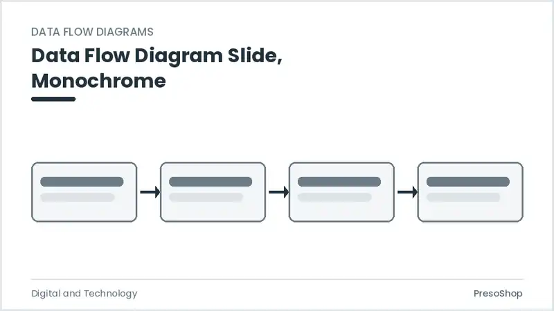 Editable PowerPoint data flow diagram slide template in a monochrome treatment, built from recolourable native shapes for digital and technology decks