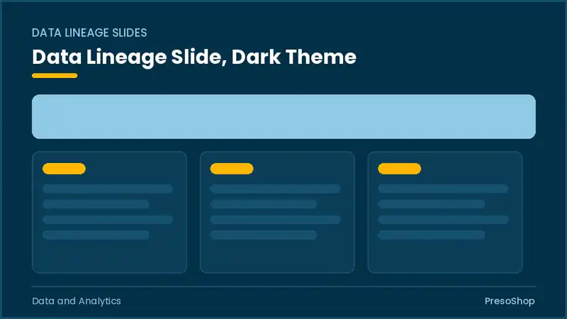 Editable PowerPoint data lineage slide template in a dark theme, built from recolourable native shapes for data and analytics decks