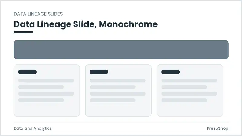 Editable PowerPoint data lineage slide template in a monochrome treatment, built from recolourable native shapes for data and analytics decks