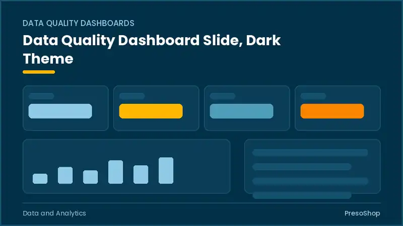 Editable PowerPoint data quality dashboard slide template in a dark theme, built from recolourable native shapes for data and analytics decks