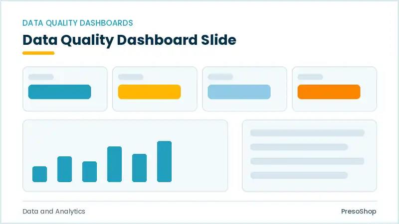Editable PowerPoint data quality dashboard slide template, built from recolourable native shapes for data and analytics decks