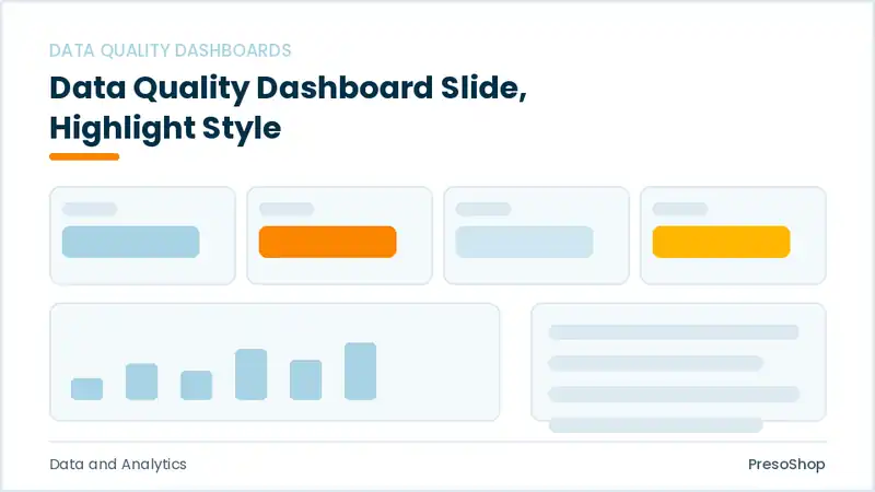 Editable PowerPoint data quality dashboard slide template with an accented takeaway, built from recolourable native shapes for data and analytics decks