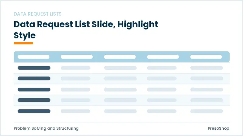 Editable PowerPoint data request list slide template with an accented takeaway, built from recolourable native shapes for problem solving and structuring decks