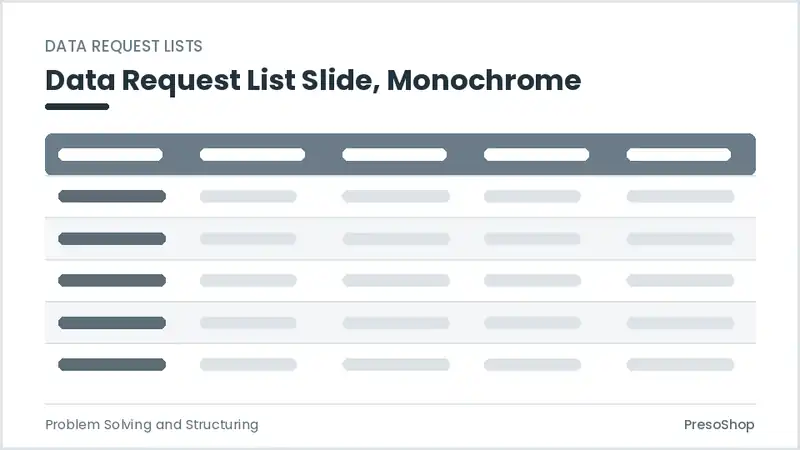 Editable PowerPoint data request list slide template in a monochrome treatment, built from recolourable native shapes for problem solving and structuring decks