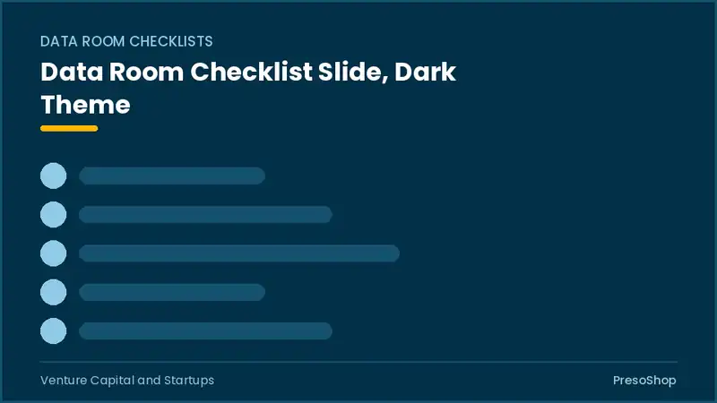 Editable PowerPoint data room checklist slide template in a dark theme, built from recolourable native shapes for venture capital and startups decks