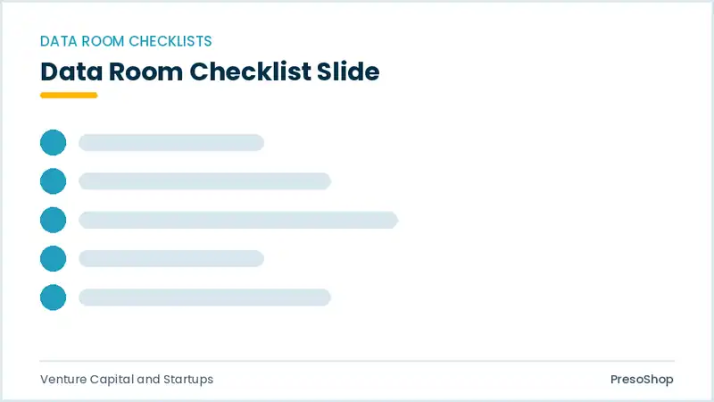 Editable PowerPoint data room checklist slide template, built from recolourable native shapes for venture capital and startups decks