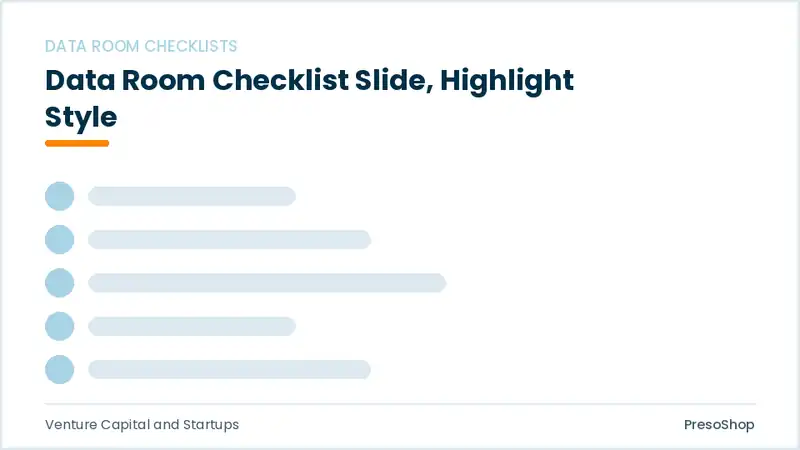 Editable PowerPoint data room checklist slide template with an accented takeaway, built from recolourable native shapes for venture capital and startups decks