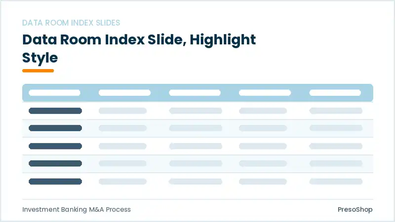 Editable PowerPoint data room index slide template with an accented takeaway, built from recolourable native shapes for investment banking m&a process decks