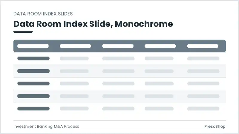 Editable PowerPoint data room index slide template in a monochrome treatment, built from recolourable native shapes for investment banking m&a process decks