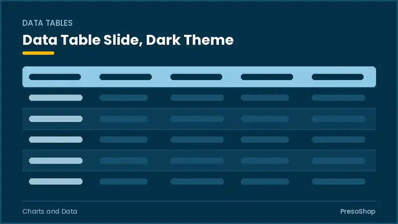 Editable PowerPoint data table slide template in a dark theme, built from recolourable native shapes for charts and data decks