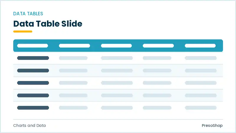 Editable PowerPoint data table slide template, built from recolourable native shapes for charts and data decks