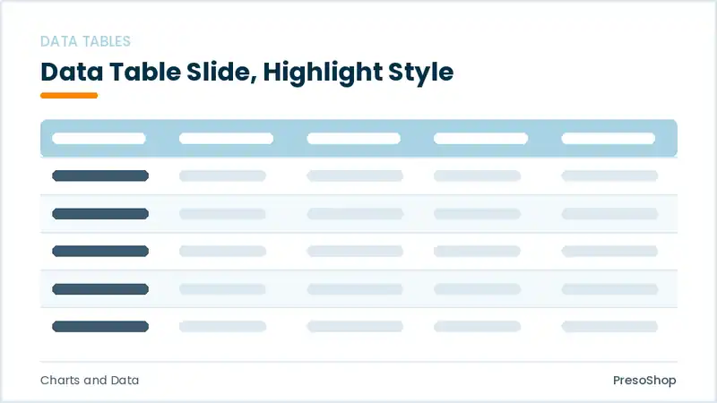 Editable PowerPoint data table slide template with an accented takeaway, built from recolourable native shapes for charts and data decks