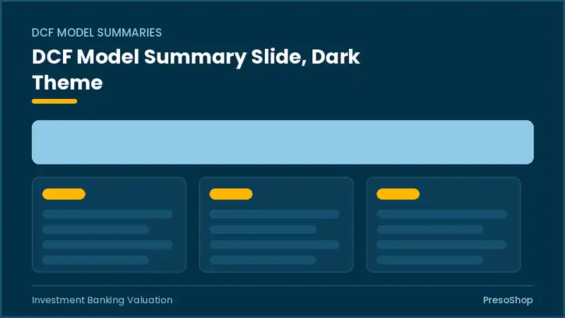 Editable PowerPoint dcf model summary slide template in a dark theme, built from recolourable native shapes for investment banking valuation decks