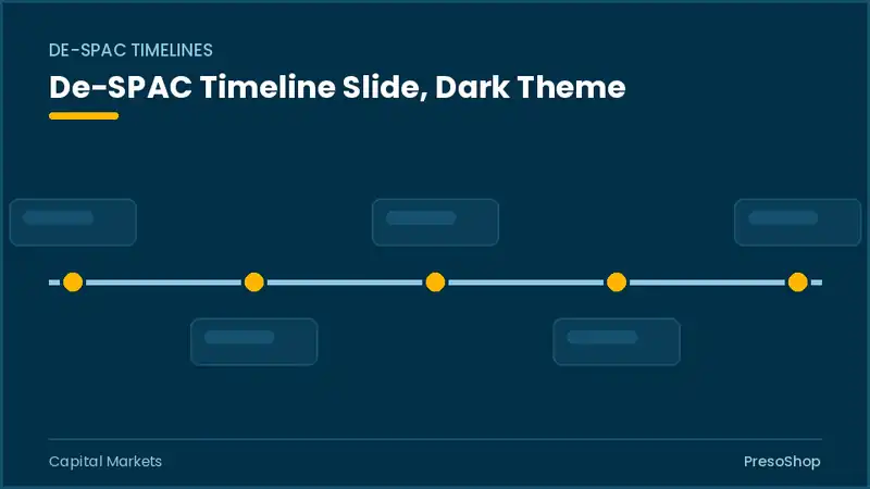 Editable PowerPoint de-spac timeline slide template in a dark theme, built from recolourable native shapes for capital markets decks