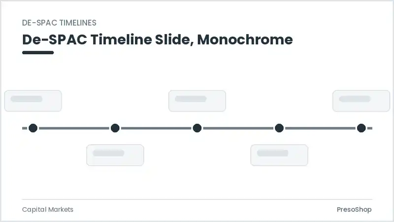 Editable PowerPoint de-spac timeline slide template in a monochrome treatment, built from recolourable native shapes for capital markets decks