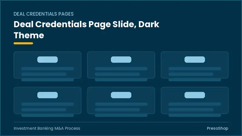 Editable PowerPoint deal credentials page slide template in a dark theme, built from recolourable native shapes for investment banking m&a process decks