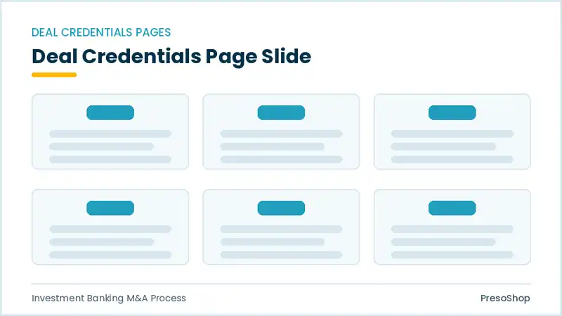 Editable PowerPoint deal credentials page slide template, built from recolourable native shapes for investment banking m&a process decks