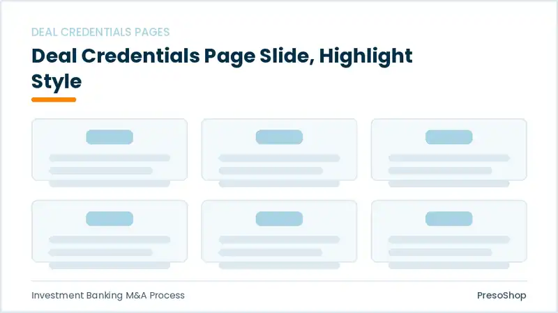 Editable PowerPoint deal credentials page slide template with an accented takeaway, built from recolourable native shapes for investment banking m&a process decks