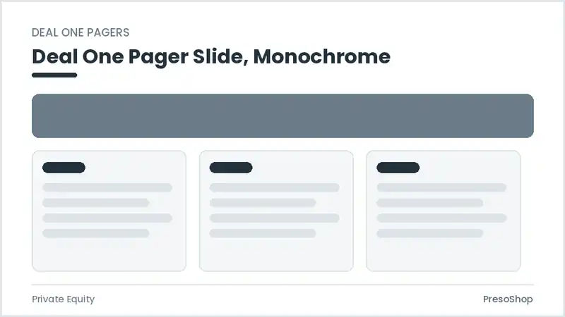Editable PowerPoint deal one pager slide template in a monochrome treatment, built from recolourable native shapes for private equity decks
