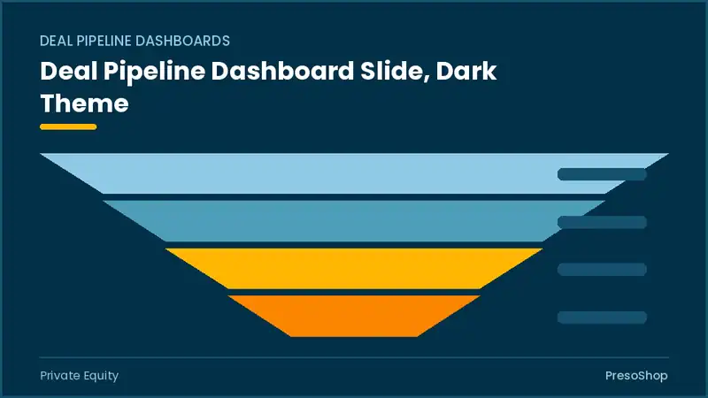 Editable PowerPoint deal pipeline dashboard slide template in a dark theme, built from recolourable native shapes for private equity decks