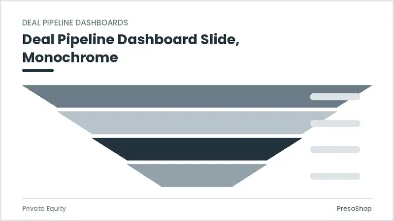 Editable PowerPoint deal pipeline dashboard slide template in a monochrome treatment, built from recolourable native shapes for private equity decks