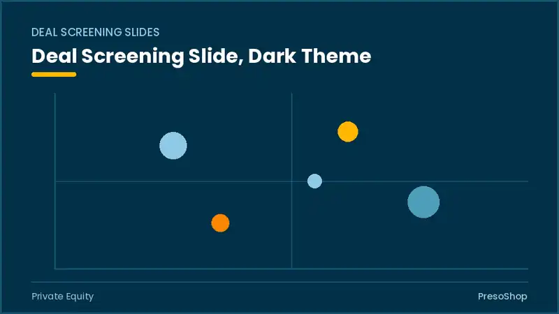 Editable PowerPoint deal screening slide template in a dark theme, built from recolourable native shapes for private equity decks
