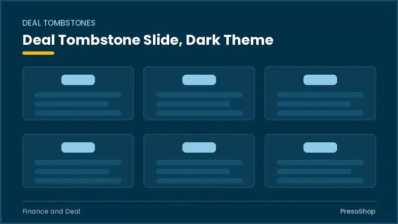 Editable PowerPoint deal tombstone slide template in a dark theme, built from recolourable native shapes for finance and deal decks