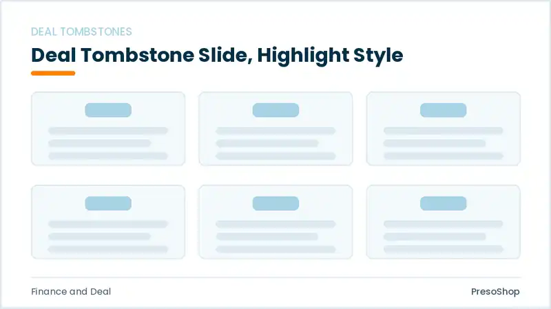 Editable PowerPoint deal tombstone slide template with an accented takeaway, built from recolourable native shapes for finance and deal decks