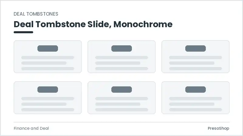 Editable PowerPoint deal tombstone slide template in a monochrome treatment, built from recolourable native shapes for finance and deal decks
