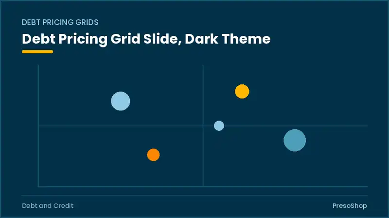 Editable PowerPoint debt pricing grid slide template in a dark theme, built from recolourable native shapes for debt and credit decks