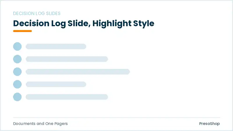 Editable PowerPoint decision log slide template with an accented takeaway, built from recolourable native shapes for documents and one pagers decks