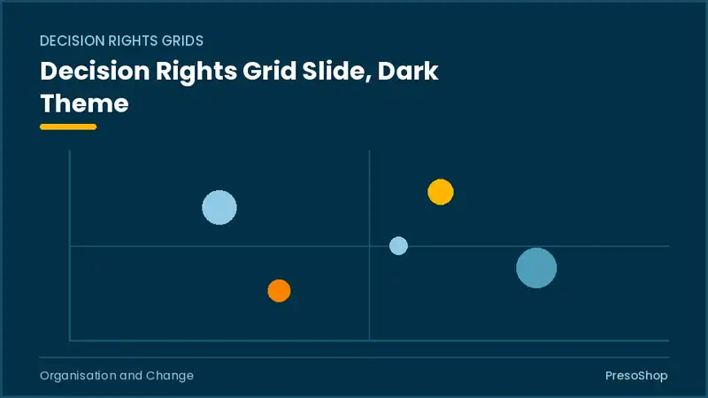 Editable PowerPoint decision rights grid slide template in a dark theme, built from recolourable native shapes for organisation and change decks