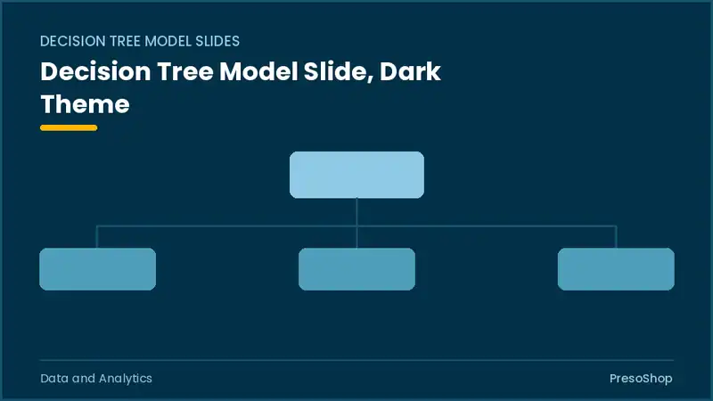 Editable PowerPoint decision tree model slide template in a dark theme, built from recolourable native shapes for data and analytics decks