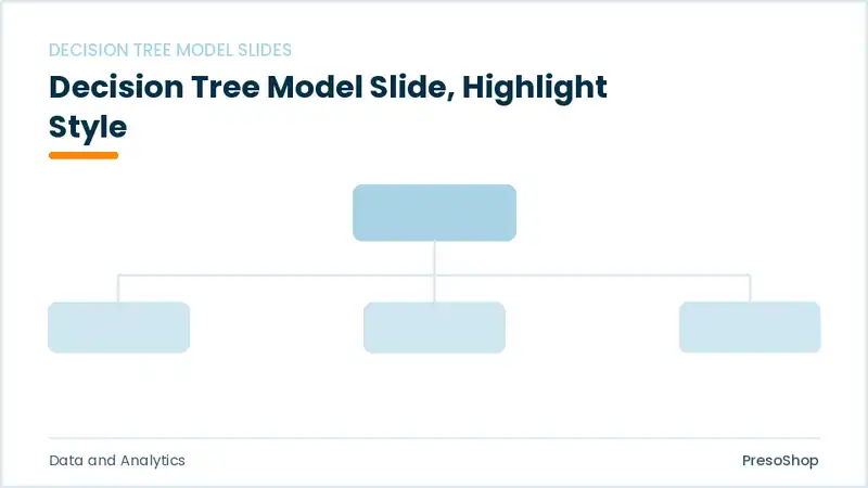 Editable PowerPoint decision tree model slide template with an accented takeaway, built from recolourable native shapes for data and analytics decks