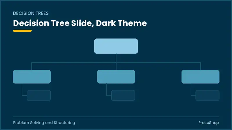 Editable PowerPoint decision tree slide template in a dark theme, built from recolourable native shapes for problem solving and structuring decks