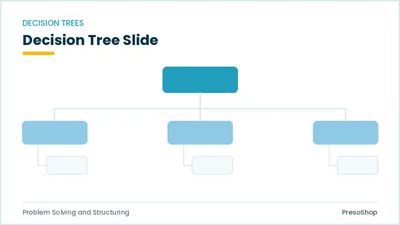 Editable PowerPoint decision tree slide template, built from recolourable native shapes for problem solving and structuring decks
