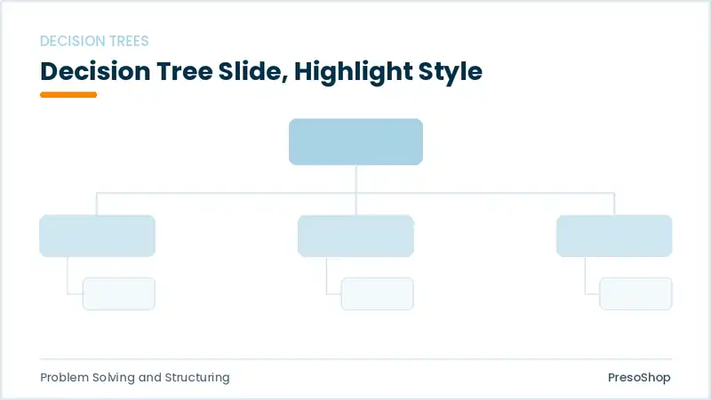 Editable PowerPoint decision tree slide template with an accented takeaway, built from recolourable native shapes for problem solving and structuring decks